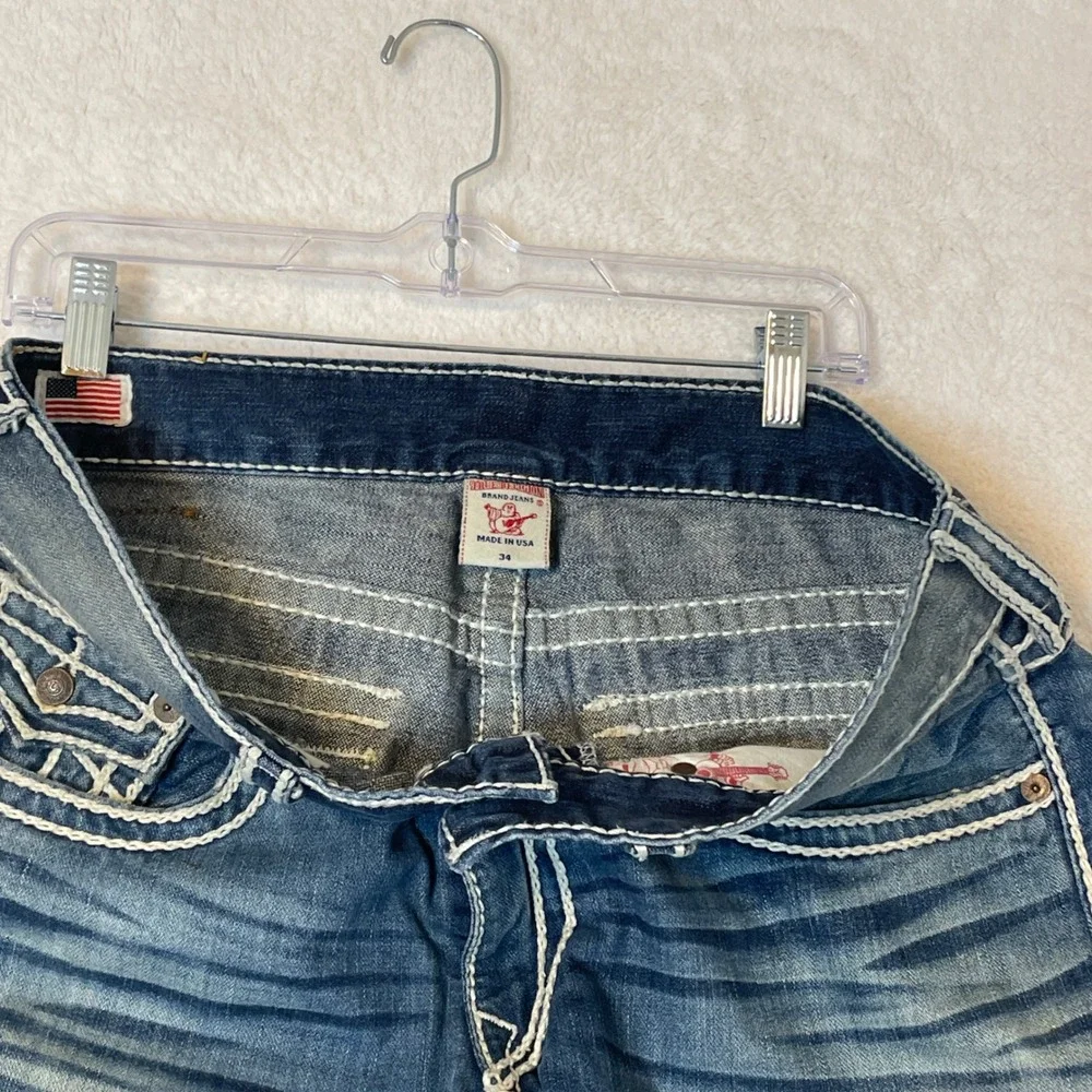 True Religion Mens Super T Straight Jeans Blue White Stitch Made in USA Size 34